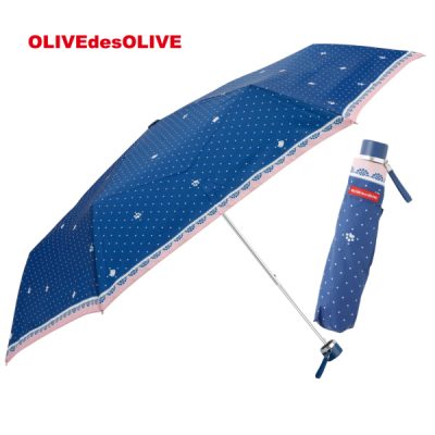 【OLIVE des OLIVE】 ガールズ 雨傘 折りたたみ 53cm ドットキャット(ネイビー)