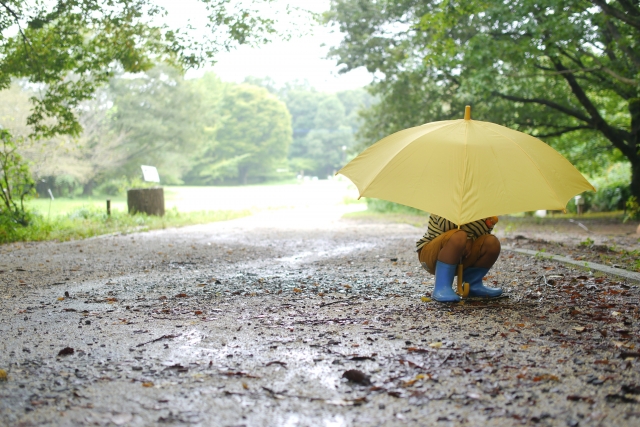 雨の道でしゃがむ子ども